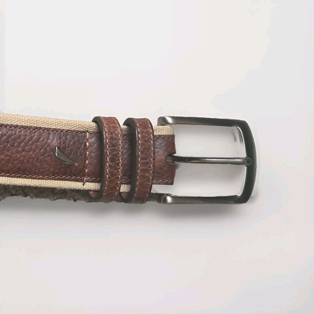 Nautica Men's Dress Belt size 40 Brown Beige Leather Canvas 90s Logo Classic